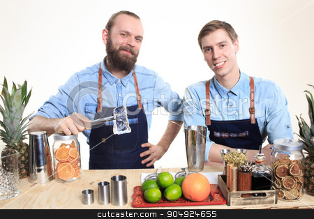 To use this stock image in your creative project, please select the size you need over to the right and click the "Add to Cart" button.
Your downloaded image will come with the Cutcaster watermark removed so don’t worry about the watermark you see on this page. two bartender with a shaker and bottle on white background. behind the bar stock photo, two bartender with a shaker and bottle on white background by Kopytin Georgy