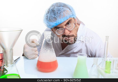 To use this stock image in your creative project, please select the size you need over to the right and click the "Add to Cart" button.
Your downloaded image will come with the Cutcaster watermark removed so don’t worry about the watermark you see on this page. Mad chemist in the lab doing reaction stock photo, Mad chemist in the lab doing reaction - studio shoot by Kopytin Georgy