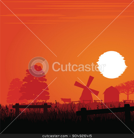 To use this stock image in your creative project, please select the size you need over to the right and click the "Add to Cart" button.
Your downloaded image will come with the Cutcaster watermark removed so don’t worry about the watermark you see on this page. Farm in the sunset stock vector clipart, Farm with mills silhouette in the sunset by ElemenTxD