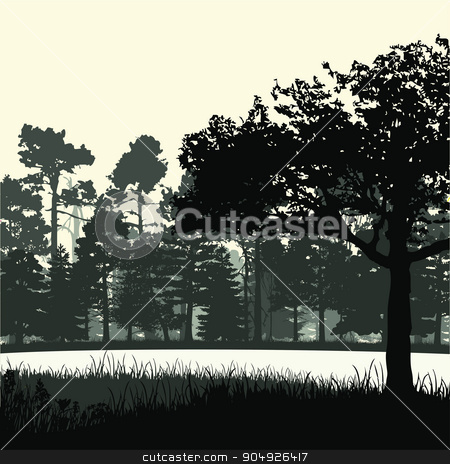 To use this stock image in your creative project, please select the size you need over to the right and click the "Add to Cart" button.
Your downloaded image will come with the Cutcaster watermark removed so don’t worry about the watermark you see on this page. Panorama of wild coniferous forest stock vector clipart, Vector panorama of wild coniferous forest with pines by ElemenTxD