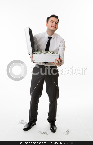 To use this stock image in your creative project, please select the size you need over to the right and click the "Add to Cart" button.
Your downloaded image will come with the Cutcaster watermark removed so don’t worry about the watermark you see on this page. Manager kicks from money. stock photo, Manager kicks from money. Man with suitcase full of money. by Denys