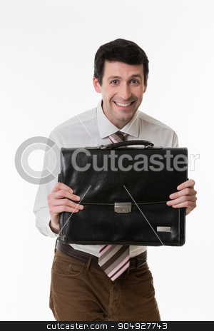 To use this stock image in your creative project, please select the size you need over to the right and click the "Add to Cart" button.
Your downloaded image will come with the Cutcaster watermark removed so don’t worry about the watermark you see on this page. Funny clerk. stock photo, Smiling manager with a briefcase in hand. Funny clerk. by Denys