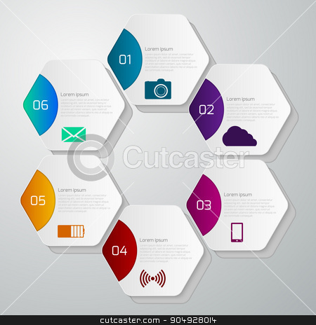 To use this stock image in your creative project, please select the size you need over to the right and click the "Add to Cart" button.
Your downloaded image will come with the Cutcaster watermark removed so don’t worry about the watermark you see on this page. Vector illustration infographics with hexagons stock vector clipart, Vector illustration infographics with hexagons. Stock vector by Amelisk