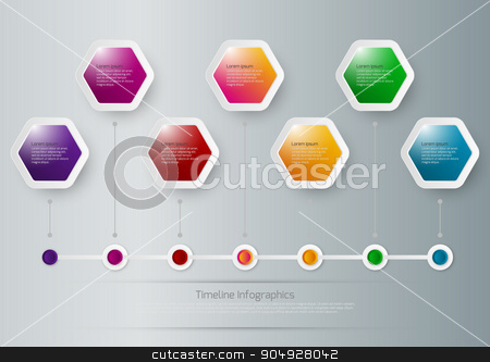To use this stock image in your creative project, please select the size you need over to the right and click the "Add to Cart" button.
Your downloaded image will come with the Cutcaster watermark removed so don’t worry about the watermark you see on this page. Vector illustration of a timeline infographics stock vector clipart, Vector illustration of a timeline infographics hexagons. Stock vector by Amelisk