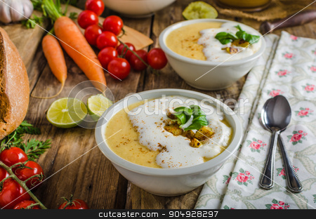 To use this stock image in your creative project, please select the size you need over to the right and click the "Add to Cart" button.
Your downloaded image will come with the Cutcaster watermark removed so don’t worry about the watermark you see on this page. Creamy celery soup stock photo, Celery soup with homemade whipped cream, baked potatoes and homemade bread by Peteer