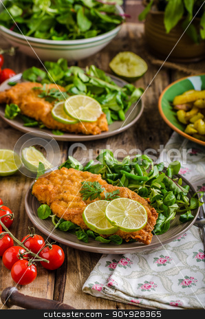 To use this stock image in your creative project, please select the size you need over to the right and click the "Add to Cart" button.
Your downloaded image will come with the Cutcaster watermark removed so don’t worry about the watermark you see on this page. True Viennese schnitzel stock photo, True Viennese schnitzel with little salad and lime, french fries and beautiful cherry tomatoes by Peteer