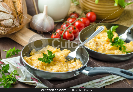 To use this stock image in your creative project, please select the size you need over to the right and click the "Add to Cart" button.
Your downloaded image will come with the Cutcaster watermark removed so don’t worry about the watermark you see on this page. Scrambled eggs with herbs and homemade bread stock photo, Scrambled eggs with herbs and homemade bread, on two frying pans by Peteer