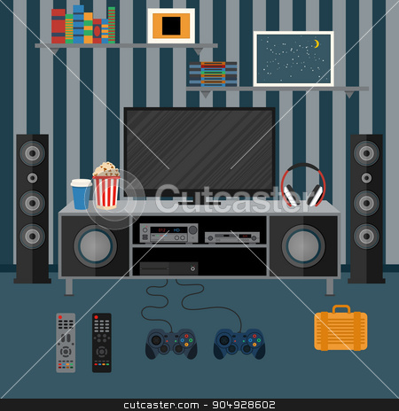 To use this stock image in your creative project, please select the size you need over to the right and click the "Add to Cart" button.
Your downloaded image will come with the Cutcaster watermark removed so don’t worry about the watermark you see on this page. Vector illustration apartment with a home cinema stock vector clipart, Vector illustration apartment with a home cinema. Illustration flat TV. by Amelisk