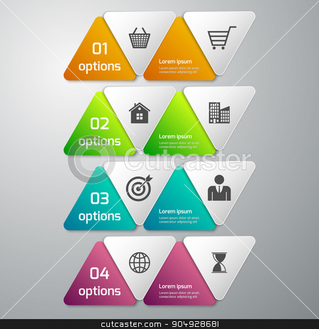 To use this stock image in your creative project, please select the size you need over to the right and click the "Add to Cart" button.
Your downloaded image will come with the Cutcaster watermark removed so don’t worry about the watermark you see on this page. Vector illustration of infographics 4 options stock vector clipart, Vector illustration of business infographics 4 options . paper triangles. by Amelisk
