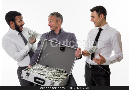 To use this stock image in your creative project, please select the size you need over to the right and click the "Add to Cart" button.
Your downloaded image will come with the Cutcaster watermark removed so don’t worry about the watermark you see on this page. Successful people. stock photo, Young people with a suitcase full of money. Businessmen have earned a lot of money. by Denys