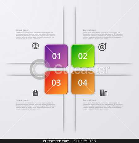 To use this stock image in your creative project, please select the size you need over to the right and click the "Add to Cart" button.
Your downloaded image will come with the Cutcaster watermark removed so don’t worry about the watermark you see on this page. Vector illustration infographics four options. stock vector clipart, Vector illustration of four square infographics. Stock vector by Amelisk