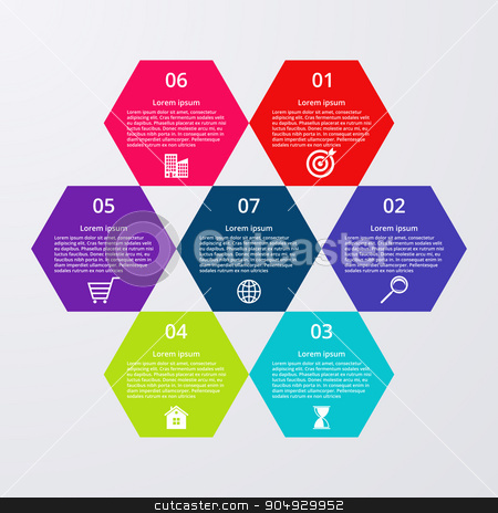 To use this stock image in your creative project, please select the size you need over to the right and click the "Add to Cart" button.
Your downloaded image will come with the Cutcaster watermark removed so don’t worry about the watermark you see on this page. Vector illustration infographics seven hexagons stock vector clipart, Vector illustration infographics seven hexagons. Stock vector by Amelisk