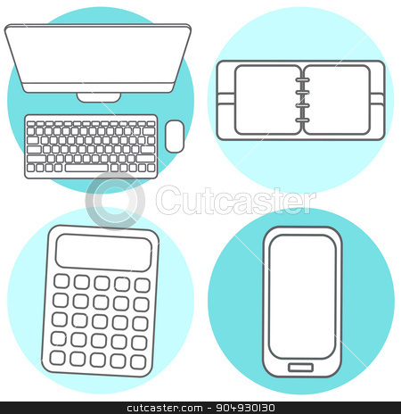 To use this stock image in your creative project, please select the size you need over to the right and click the "Add to Cart" button.
Your downloaded image will come with the Cutcaster watermark removed so don’t worry about the watermark you see on this page. Set Abstract Creative concept vector illustration of modern Mobile phone, Calculator, Notepad, computer. Line icons. Flat design pictogram stock vector clipart, Abstract Creative concept vector illustration of modern Mobile phone. Line icons. Flat design pictogram by Vladimir Khapaev