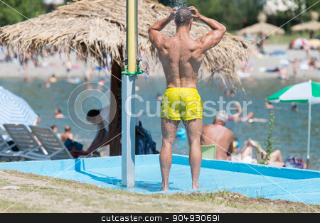 To use this stock image in your creative project, please select the size you need over to the right and click the "Add to Cart" button.
Your downloaded image will come with the Cutcaster watermark removed so don’t worry about the watermark you see on this page. Handsome Muscle Man Takes A Shower Outdoors stock photo, Handsome Man Doing A Shower In A Pool Spa Outdoors by Jasminko Ibrakovic