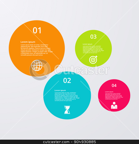 To use this stock image in your creative project, please select the size you need over to the right and click the "Add to Cart" button.
Your downloaded image will come with the Cutcaster watermark removed so don’t worry about the watermark you see on this page. Vector illustration infographics stock vector clipart, Vector illustration infographics four circles. Stock vector by Amelisk