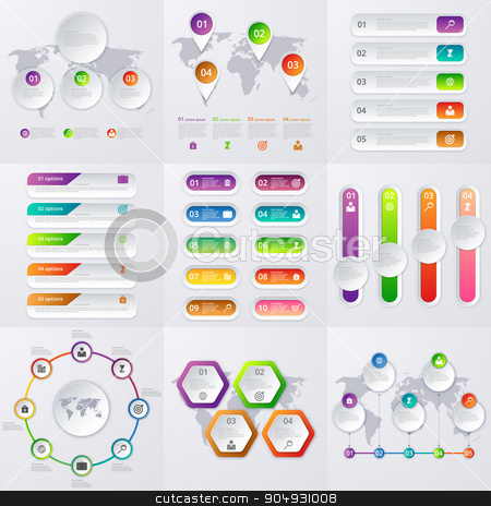 To use this stock image in your creative project, please select the size you need over to the right and click the "Add to Cart" button.
Your downloaded image will come with the Cutcaster watermark removed so don’t worry about the watermark you see on this page. Stock Vector set of infographics stock vector clipart, Stock Vector set of infographics. A set of nine templates. by Amelisk