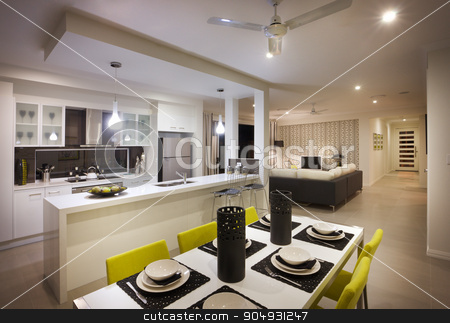 To use this stock image in your creative project, please select the size you need over to the right and click the "Add to Cart" button.
Your downloaded image will come with the Cutcaster watermark removed so don’t worry about the watermark you see on this page. Eye catching and beautiful image of kitchen with room attached stock photo, Eye catching and beautiful image of kitchen with room attached and antiques and plates placed on a table by JRstock