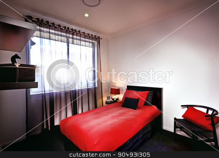To use this stock image in your creative project, please select the size you need over to the right and click the "Add to Cart" button.
Your downloaded image will come with the Cutcaster watermark removed so don’t worry about the watermark you see on this page. A stylish bedroom with red bedsheet and cushions and pillows pla stock photo, A stylish bedroom with red bedsheet and cushions and pillows placed on bed with lamp and curtains on the the window by JRstock
