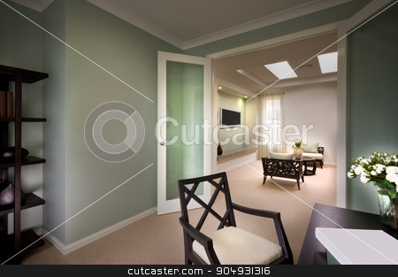 To use this stock image in your creative project, please select the size you need over to the right and click the "Add to Cart" button.
Your downloaded image will come with the Cutcaster watermark removed so don’t worry about the watermark you see on this page. A beautiful picture of living room from the doors stock photo, A beautiful picture of living room from the doors with a tv fixed in wall and chairs and sofas in living room by JRstock