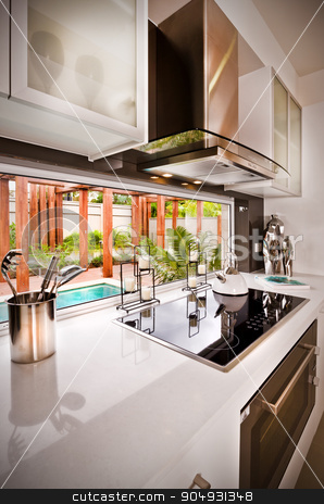 To use this stock image in your creative project, please select the size you need over to the right and click the "Add to Cart" button.
Your downloaded image will come with the Cutcaster watermark removed so don’t worry about the watermark you see on this page. A stylish modern beautiful kitchen stock photo, A stylish beautiful kitchen and view of water pool is visible from kitchen by JRstock