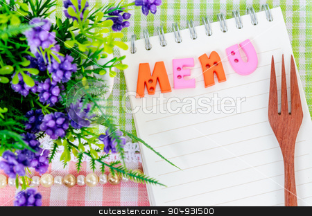 To use this stock image in your creative project, please select the size you need over to the right and click the "Add to Cart" button.
Your downloaded image will come with the Cutcaster watermark removed so don’t worry about the watermark you see on this page. Menu concept. stock photo, Open diary and wooden spoon fork with flower on beautiful fabric background. Menu concept. by Miss. PENCHAN PUMILA