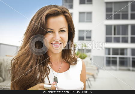 To use this stock image in your creative project, please select the size you need over to the right and click the "Add to Cart" button.
Your downloaded image will come with the Cutcaster watermark removed so don’t worry about the watermark you see on this page. Portrait of a beautiful brunette stock photo, Portrait of a beautiful brunette wearing a white shirt, taken in a courtyard of a condominium by JRstock