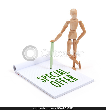 To use this stock image in your creative project, please select the size you need over to the right and click the "Add to Cart" button.
Your downloaded image will come with the Cutcaster watermark removed so don’t worry about the watermark you see on this page. Wooden mannequin writing - Special offer stock photo, Wooden mannequin writing in a scrapbook - Special offer by michaklootwijk