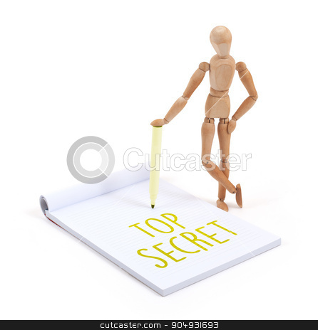To use this stock image in your creative project, please select the size you need over to the right and click the "Add to Cart" button.
Your downloaded image will come with the Cutcaster watermark removed so don’t worry about the watermark you see on this page. Wooden mannequin writing - Top secret stock photo, Wooden mannequin writing in a scrapbook - Top secret by michaklootwijk