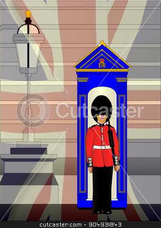 To use this stock image in your creative project, please select the size you need over to the right and click the "Add to Cart" button.
Your downloaded image will come with the Cutcaster watermark removed so don’t worry about the watermark you see on this page. Soldier On Royal Guard Duty stock vector clipart, A soldier on duty outside the royal palace with a fade of the Union Jack flag by Kotto