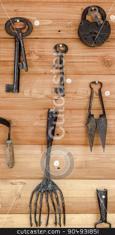 To use this stock image in your creative project, please select the size you need over to the right and click the "Add to Cart" button.
Your downloaded image will come with the Cutcaster watermark removed so don’t worry about the watermark you see on this page. Old lock keys other items stock photo, Old lock, keys and other objects of peasant life.. Fragment of the exposition museum by Liubov Nazarova
