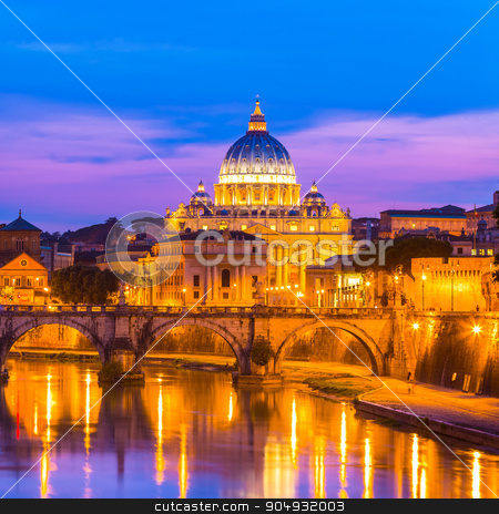 To use this stock image in your creative project, please select the size you need over to the right and click the "Add to Cart" button.
Your downloaded image will come with the Cutcaster watermark removed so don’t worry about the watermark you see on this page. View at St. Peter's cathedral in Rome, Italy stock photo, Night view of old roman Bridge of Hadrian and St. Peter's cathedral in Vatican City Rome Italy. by kasto