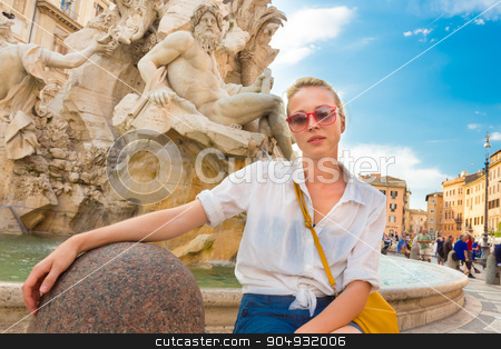 To use this stock image in your creative project, please select the size you need over to the right and click the "Add to Cart" button.
Your downloaded image will come with the Cutcaster watermark removed so don’t worry about the watermark you see on this page. Tourist on Navona square in Rome. stock photo, Female traveler sitting by Fountain of the four Rivers on Navona square in Rome, Italy, Europe. by kasto