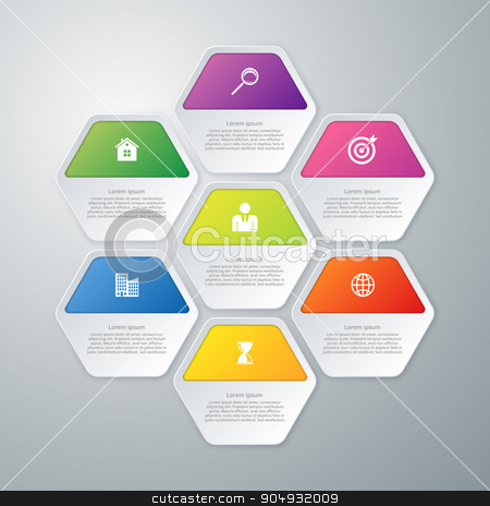 To use this stock image in your creative project, please select the size you need over to the right and click the "Add to Cart" button.
Your downloaded image will come with the Cutcaster watermark removed so don’t worry about the watermark you see on this page. Vector illustration infographics of hexagons stock vector clipart, Vector illustration infographics of hexagons. Stock vector by Amelisk