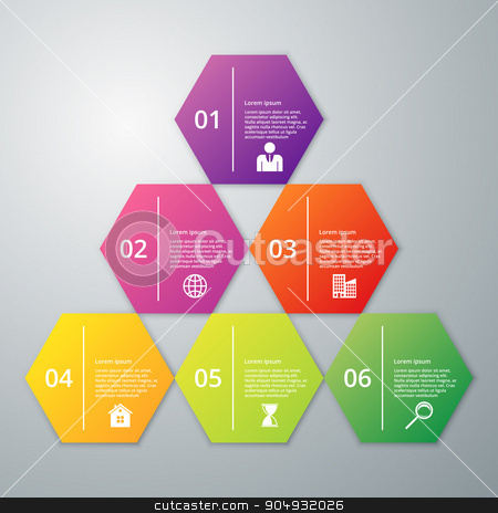 To use this stock image in your creative project, please select the size you need over to the right and click the "Add to Cart" button.
Your downloaded image will come with the Cutcaster watermark removed so don’t worry about the watermark you see on this page. Vector illustration infographics six hexagon stock vector clipart, Vector illustration infographics six hexagon. Stock vector by Amelisk