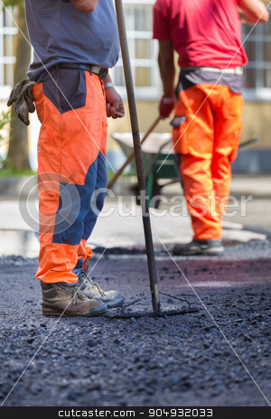 To use this stock image in your creative project, please select the size you need over to the right and click the "Add to Cart" button.
Your downloaded image will come with the Cutcaster watermark removed so don’t worry about the watermark you see on this page. Asphalt surfacing manual labor. stock photo, Construction workers during asphalting road works wearing coveralls. Manual labor on construction site. by kasto