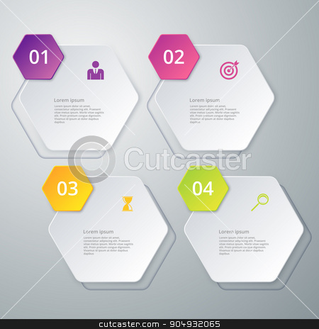 To use this stock image in your creative project, please select the size you need over to the right and click the "Add to Cart" button.
Your downloaded image will come with the Cutcaster watermark removed so don’t worry about the watermark you see on this page. Vector illustration infographics four options stock vector clipart, Vector illustration infographics four hexagon. Stock vector by Amelisk