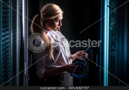 To use this stock image in your creative project, please select the size you need over to the right and click the "Add to Cart" button.
Your downloaded image will come with the Cutcaster watermark removed so don’t worry about the watermark you see on this page. Young engineer businesswoman in network server room stock photo, Young engineer businesswoman in network server room. Russia. by agnormark