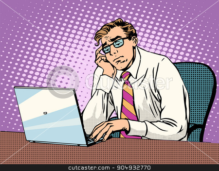 To use this stock image in your creative project, please select the size you need over to the right and click the "Add to Cart" button.
Your downloaded image will come with the Cutcaster watermark removed so don’t worry about the watermark you see on this page. Businessman working on laptop boredom stock vector clipart, Businessman working on laptop boredom pop art retro style. Computers and office work. Man and modern technology by studiostoks