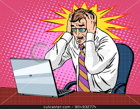 To use this stock image in your creative project, please select the size you need over to the right and click the "Add to Cart" button.
Your downloaded image will come with the Cutcaster watermark removed so don’t worry about the watermark you see on this page. Businessman working on laptop bad news panic stock vector clipart, Businessman working on laptop pop art retro style. Bad news panic is a financial failure. Computers and office work. Man and modern technology by studiostoks