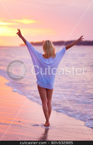 To use this stock image in your creative project, please select the size you need over to the right and click the "Add to Cart" button.
Your downloaded image will come with the Cutcaster watermark removed so don’t worry about the watermark you see on this page. Lady on sandy tropical beach at sunset. stock photo, Beautiful blonde lady, arms rised in the sky, relaxing and enjoying vacations on the sandy tropical beach at sunset. by kasto