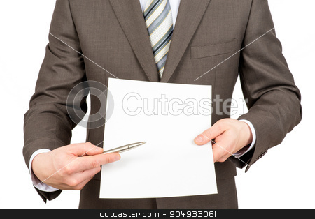 To use this stock image in your creative project, please select the size you need over to the right and click the "Add to Cart" button.
Your downloaded image will come with the Cutcaster watermark removed so don’t worry about the watermark you see on this page. Businessman pointing at blank paper with pen stock photo, Businessman pointing with pen at blank paper on isolated white background by cherezoff