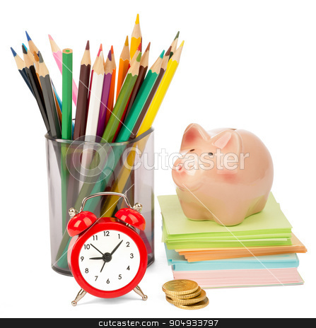 To use this stock image in your creative project, please select the size you need over to the right and click the "Add to Cart" button.
Your downloaded image will come with the Cutcaster watermark removed so don’t worry about the watermark you see on this page. Alarm clock with piggy bank stock photo, Alarm clock with piggy bank and crayons isolated on white background by cherezoff