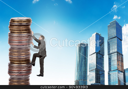 To use this stock image in your creative project, please select the size you need over to the right and click the "Add to Cart" button.
Your downloaded image will come with the Cutcaster watermark removed so don’t worry about the watermark you see on this page. Businessman climbing up a huge stack of coins stock photo, Businessman climbing up a huge stack of gold coins with city background by cherezoff
