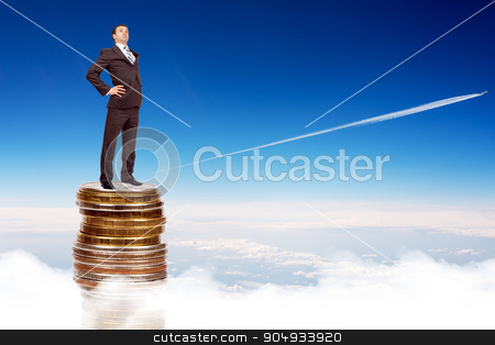 To use this stock image in your creative project, please select the size you need over to the right and click the "Add to Cart" button.
Your downloaded image will come with the Cutcaster watermark removed so don’t worry about the watermark you see on this page. Businessman on coins pile in sky stock photo, Businessman on coins pile blue sky with clouds and jet by cherezoff