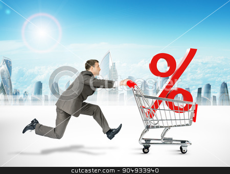 To use this stock image in your creative project, please select the size you need over to the right and click the "Add to Cart" button.
Your downloaded image will come with the Cutcaster watermark removed so don’t worry about the watermark you see on this page. Running businessman with shopping cart stock photo, Running businessman with percent sign in shopping cart by cherezoff