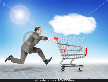To use this stock image in your creative project, please select the size you need over to the right and click the "Add to Cart" button.
Your downloaded image will come with the Cutcaster watermark removed so don’t worry about the watermark you see on this page. Running businessman with empty shopping cart stock photo, Running businessman with empty shopping cart and cloud by cherezoff