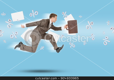 To use this stock image in your creative project, please select the size you need over to the right and click the "Add to Cart" button.
Your downloaded image will come with the Cutcaster watermark removed so don’t worry about the watermark you see on this page. Businessman running forward stock photo, Businessman running forward with flying percents and blank cards by cherezoff