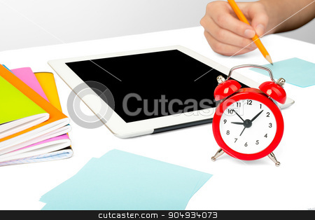 To use this stock image in your creative project, please select the size you need over to the right and click the "Add to Cart" button.
Your downloaded image will come with the Cutcaster watermark removed so don’t worry about the watermark you see on this page. Females hand using tablet stock photo, Females hand using tablet isolated on white background with alarm clock by cherezoff
