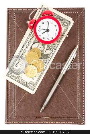 To use this stock image in your creative project, please select the size you need over to the right and click the "Add to Cart" button.
Your downloaded image will come with the Cutcaster watermark removed so don’t worry about the watermark you see on this page. Leather daily planner with cash and alarm clock stock photo, Leather daily planner with pen and cash and alarm clock on isolated white background by cherezoff