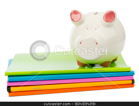 To use this stock image in your creative project, please select the size you need over to the right and click the "Add to Cart" button.
Your downloaded image will come with the Cutcaster watermark removed so don’t worry about the watermark you see on this page. Piggy bank on pile of copybooks stock photo, Piggy bank on pile of copybooks on isolated white background, front view by cherezoff